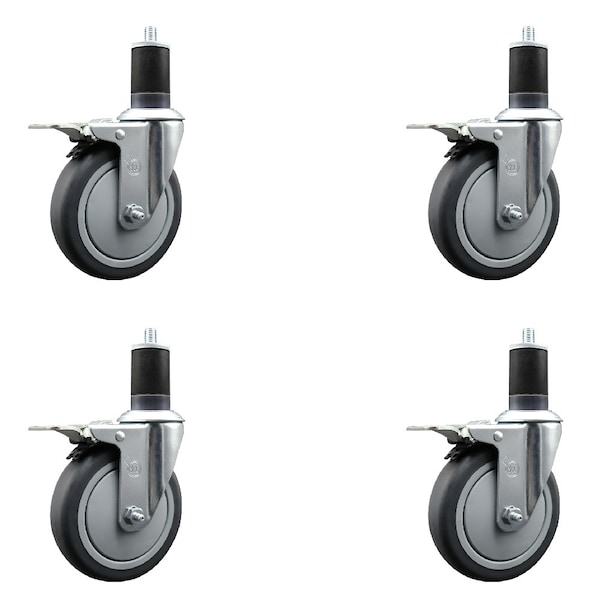 5'' Thermoplastic Rubber Swivel 1-5/8'' Expanding Stem Caster Set Total Lock Brake, 4PK